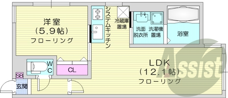 1LDK、角部屋、都市ガス、ネット無料、システムキッチン