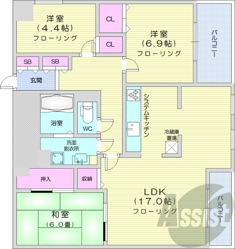 3LDK、都市ガス、独立洗面台、システムキッチン