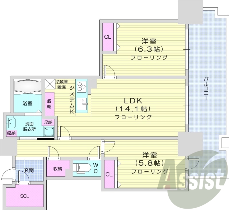 2LDK、都市ガス、オートロック、システムキッチン