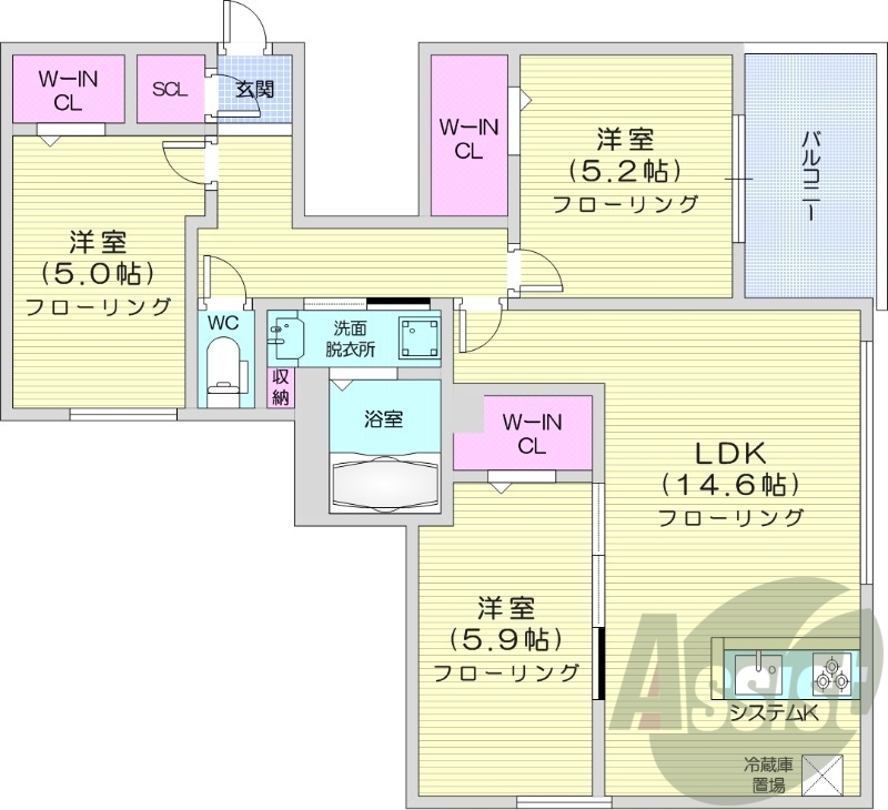 3LDK、都市ガス、ペット可、エコジョーズ、1坪バス