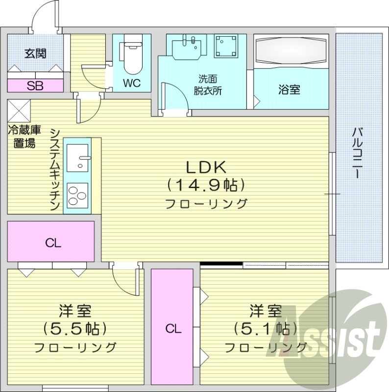 2LDK、クローゼット、システムキッチン、シューズボックス