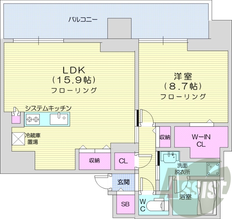 1LDK、都市ガス、システムキッチン、エアコン