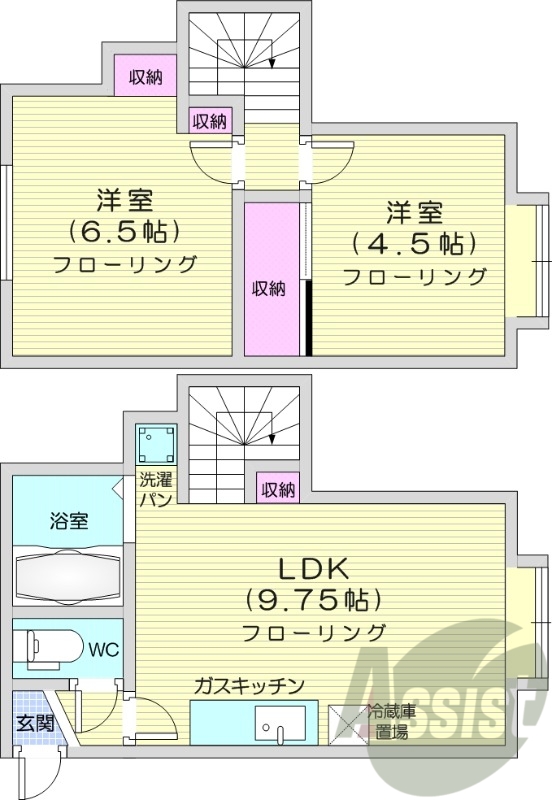 2DK、灯油暖房、バストイレ別、収納、室内洗濯機置場