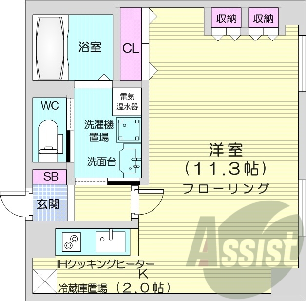 1K、収納、IHシステムキッチン、独立洗面台、オール電化