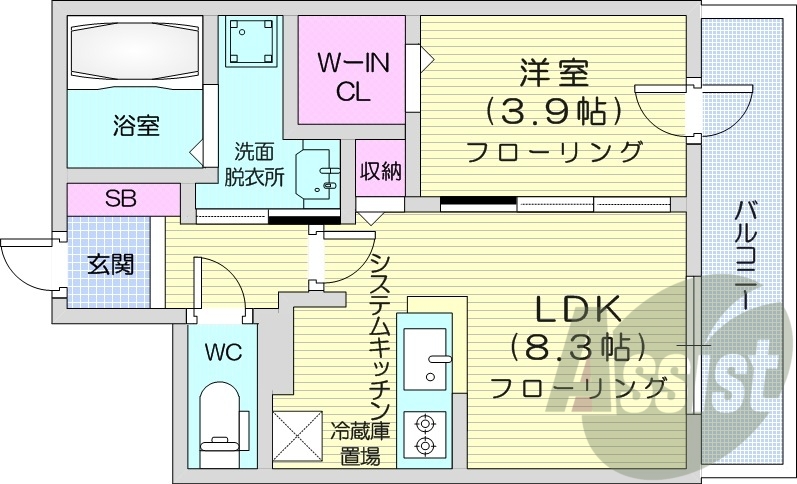 1LDK、都市ガス、エアコン、浴室乾燥機、