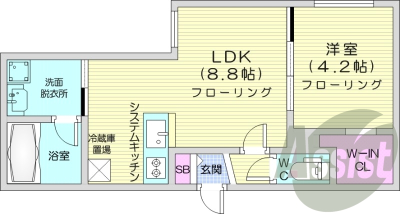 1LDK、都市ガス、エアコン、システムキッチン