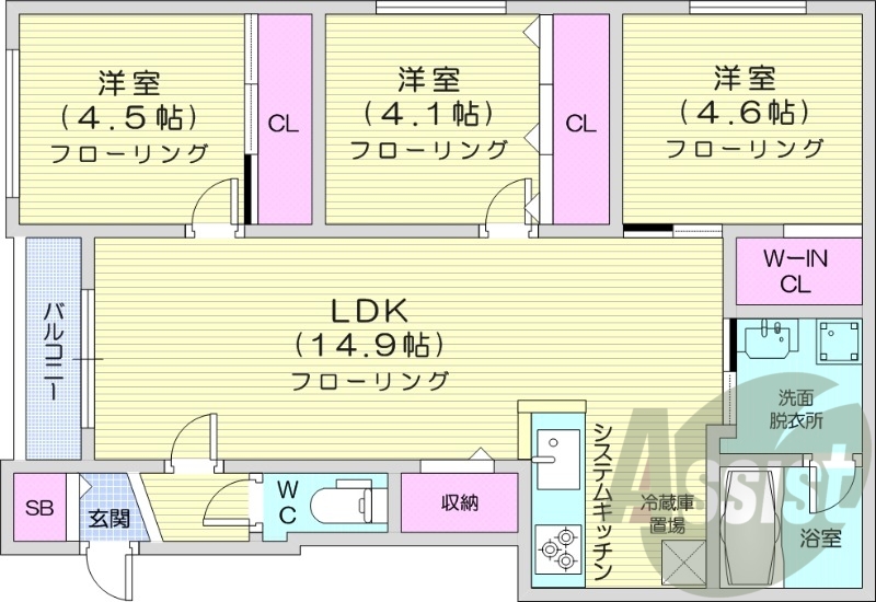 3LDK、都市ガス、エアコン、システムキッチン