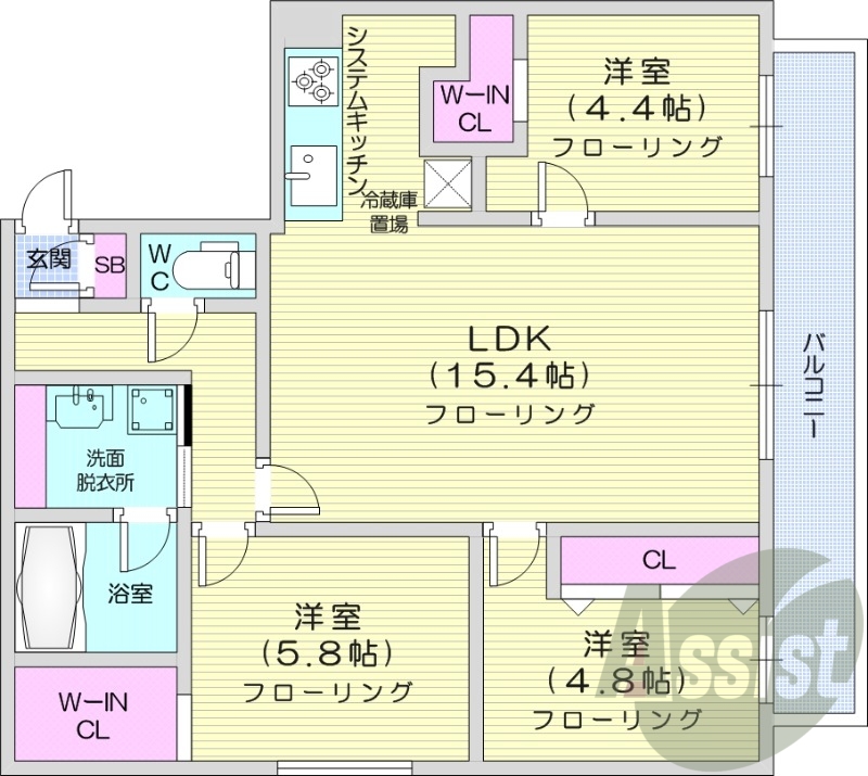 3LDK、都市ガス、エアコン、システムキッチン