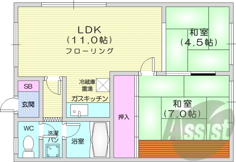 2LDK、灯油暖房、バストイレ別、室内洗濯機置場