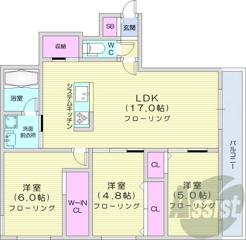 3LDK、エアコン、浴室乾燥機、システムキッチン