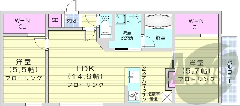 2LDK、エアコン、浴室乾燥機、システムキッチン