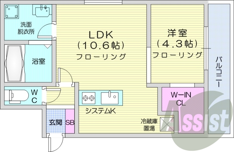 1LDK、都市ガス、エアコン、システムキッチン、浴室乾燥機
