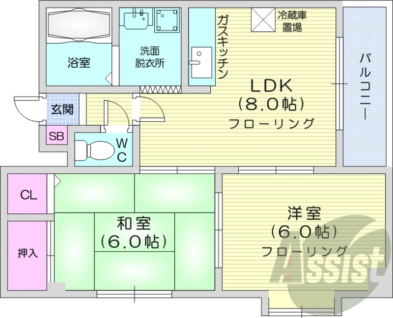 2DK、浴室乾燥機、都市ガス、バルコニー