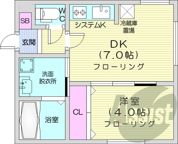 1DK、エアコン、システムキッチン、浴室乾燥機
