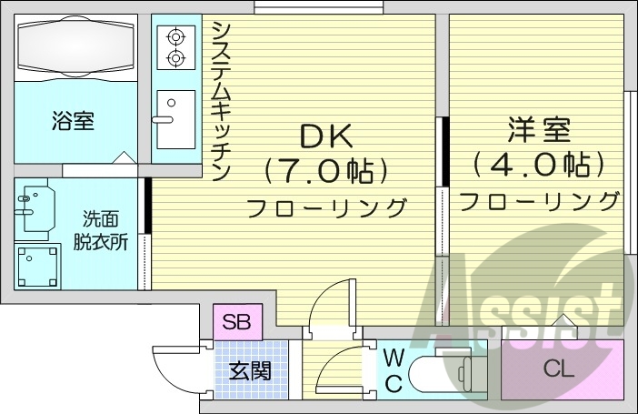 1DK、エアコン、システムキッチン、浴室乾燥機