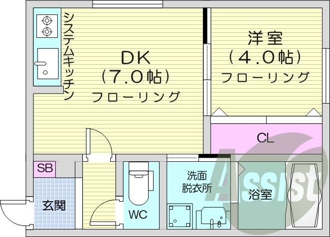 1DK、エアコン、システムキッチン、浴室乾燥機