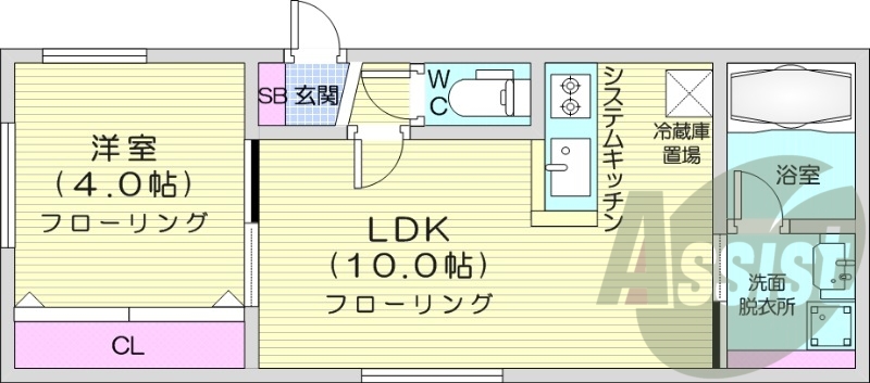 1LDK、都市ガス、エアコン、システムキッチン