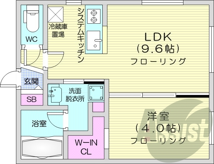 1LDK、都市ガス、エアコン、システムキッチン