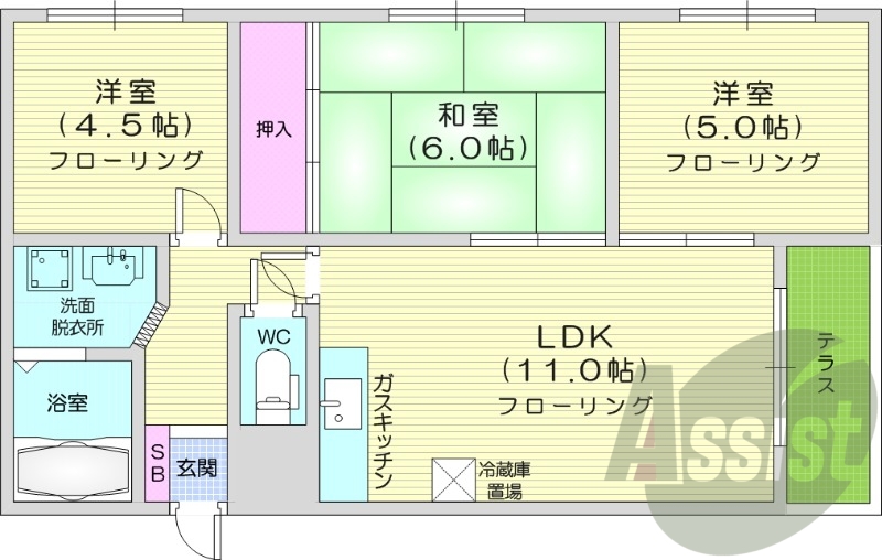 3LDK、独立洗面台、ペット可、TVモニターホン