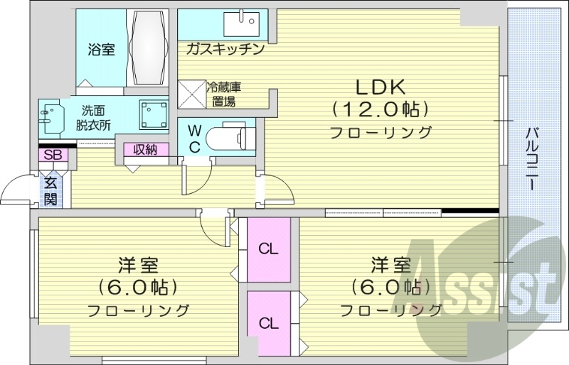 2LDK、バストイレ別、オートロック、シャンプードレッサー