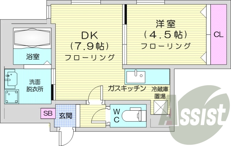 1DK、エアコン、ガス暖房、ネット無料、浴室乾燥機