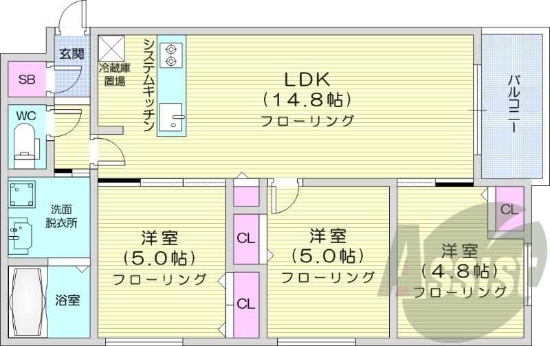 3LDK、エアコン、システムキッチン、独立洗面台
