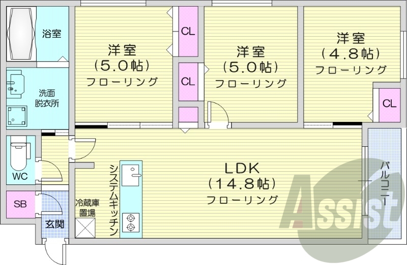 3LDK、エアコン、システムキッチン、独立洗面台