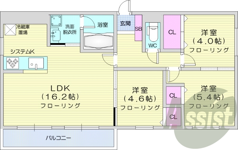 3LDK、エアコン、灯油暖房、システムキッチン