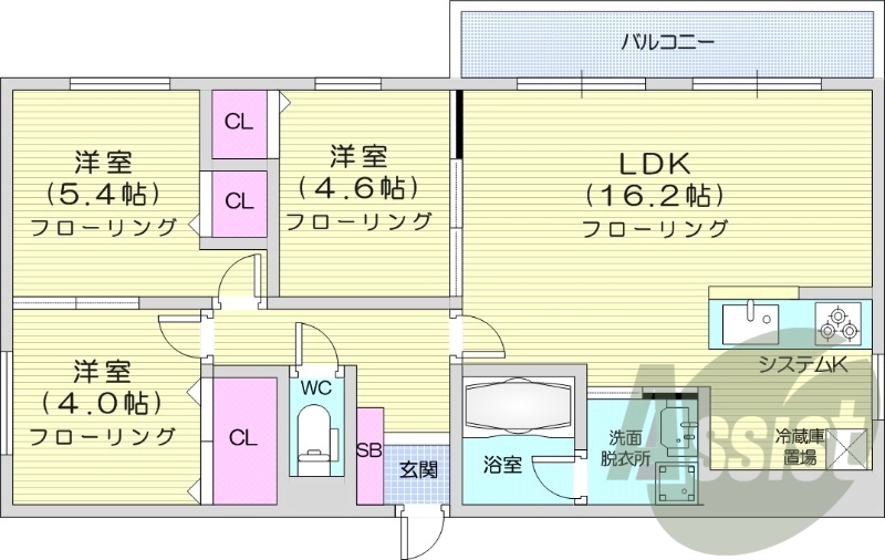 3LDK、エアコン、灯油暖房、システムキッチン