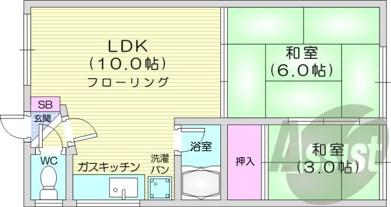 2LDK、最上階、トイレ風呂別、室内洗濯機置場