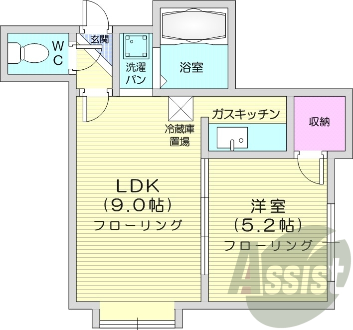 1LDK、灯油暖房、バストイレ別、ネット無料、最上階