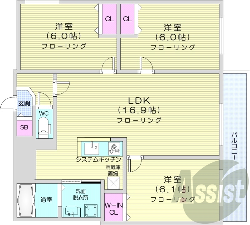 3LDK、都市ガス、エアコン、システムキッチン、追い焚き