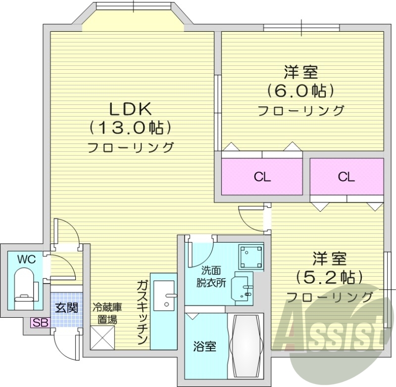 2LDK、洗面脱衣所、バストイレ別、クローゼット