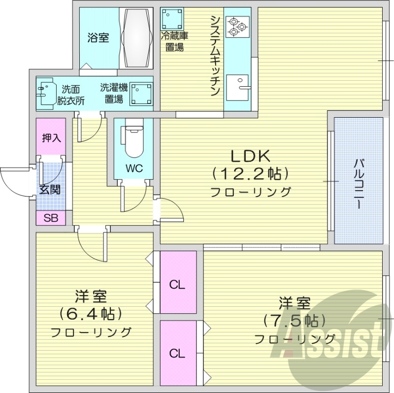 2LDK、システムキッチン、エレベーター、独立洗面台