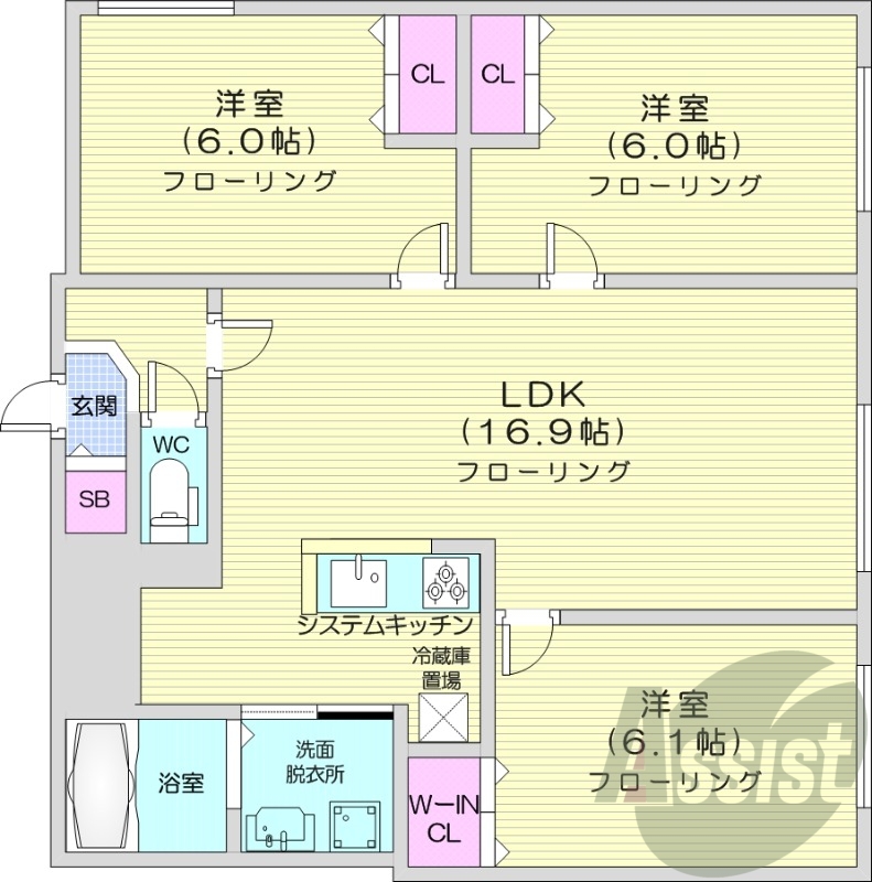 3LDK、都市ガス、エアコン、システムキッチン、追い焚き
