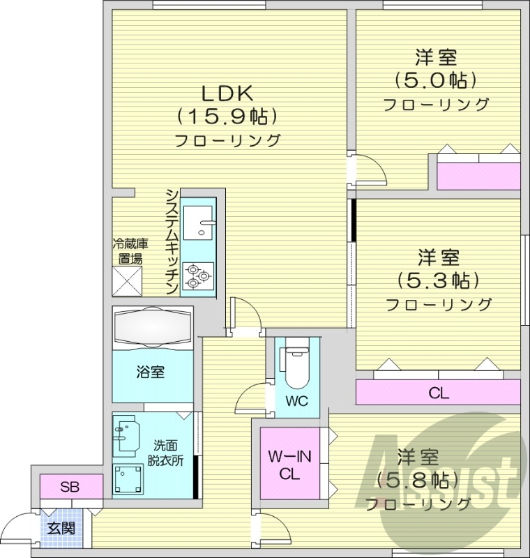 3LDK、都市ガス、エアコン、システムキッチン、追い焚き