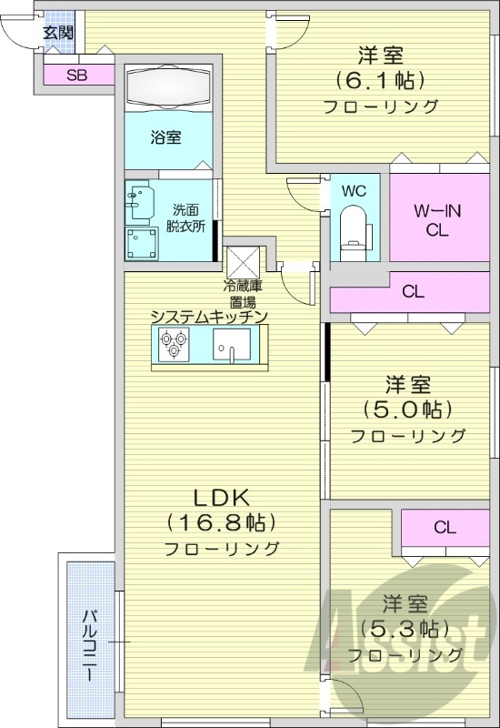 3LDK、都市ガス、エアコン、システムキッチン、追い焚き