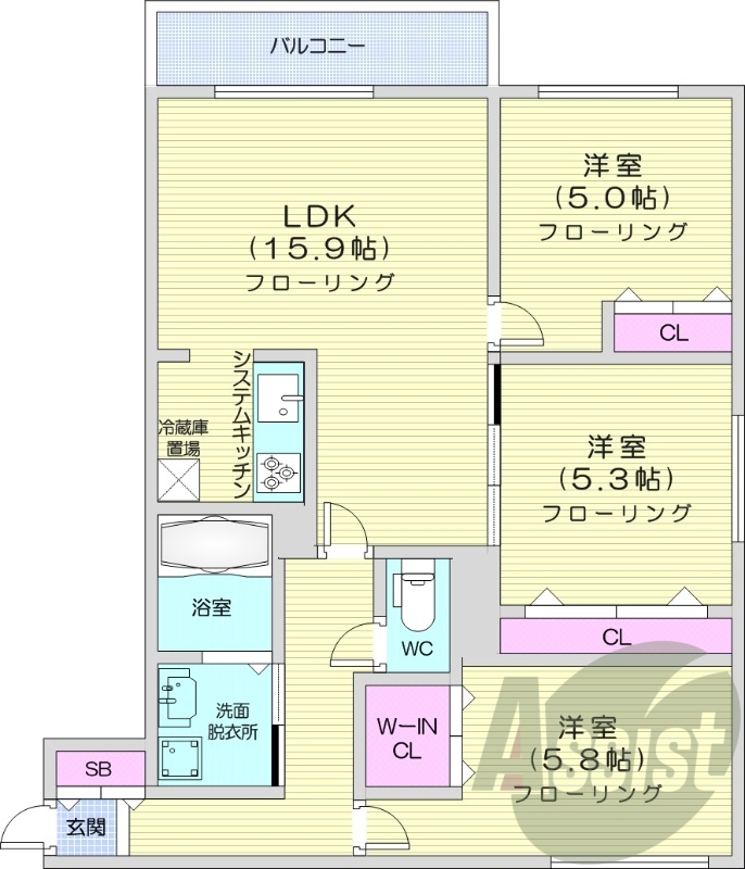 3LDK、都市ガス、エアコン、システムキッチン、追い焚き