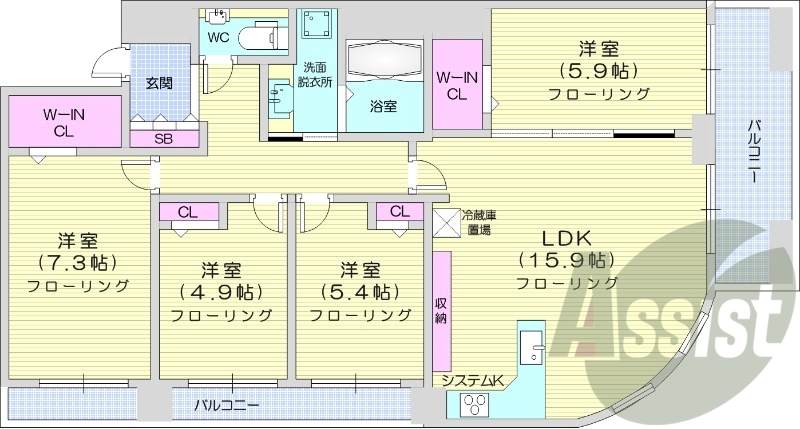 2LDK、システムキッチン、ウォークインクローゼット