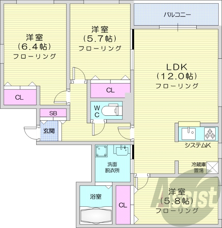 3LDK、エアコン、灯油暖房、システムキッチン