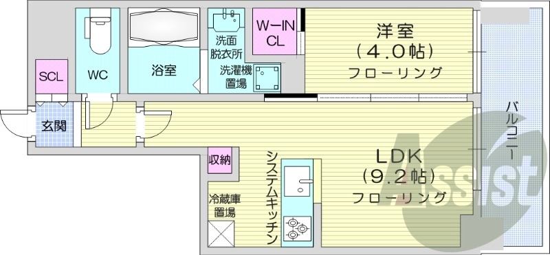 1LDK、ウォークインクローゼット、バルコニー、システムK