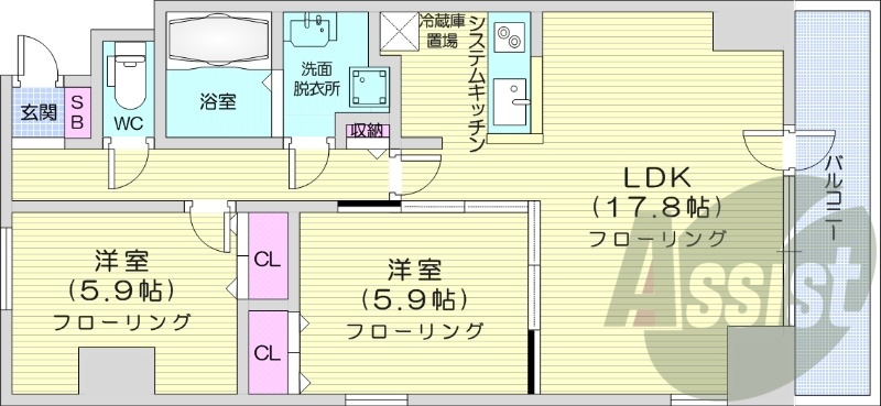 2LDK、システムキッチン、都市ガス、エレベーター