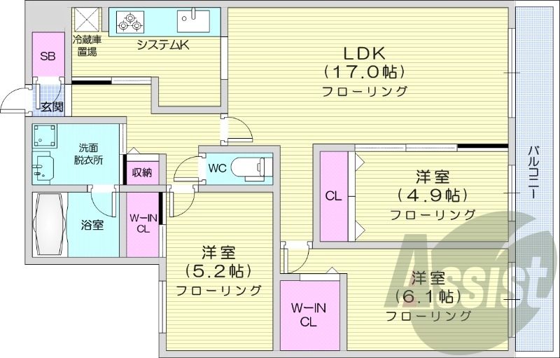 3LDK、エアコン、独立洗面台、システムキッチン