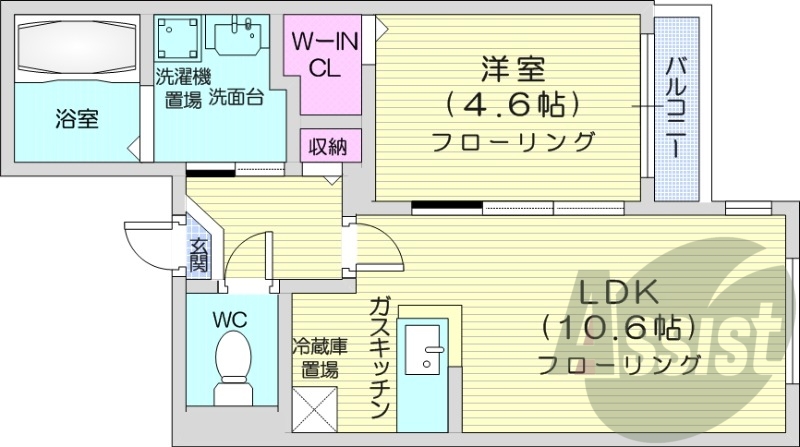 1LDK、対面キッチン、ウォークインクローゼット、エアコン