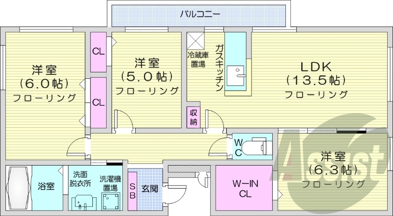 3LDK、バルコニー、オートロック、ネット無料