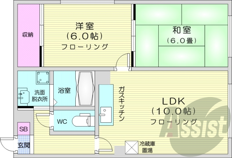 2LDK、角部屋、灯油暖房、ウォシュレット