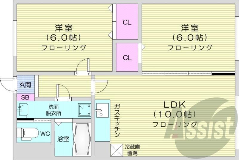 2LDK、角部屋、灯油暖房、ウォシュレット