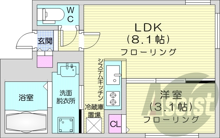 1LDK、都市ガス、エアコン、システムキッチン
