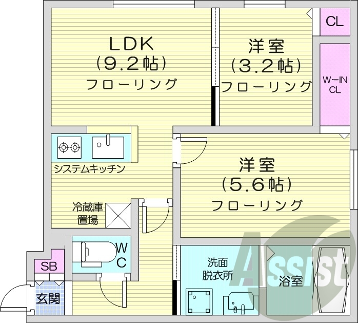 2LDK、都市ガス、エアコン、システムキッチン