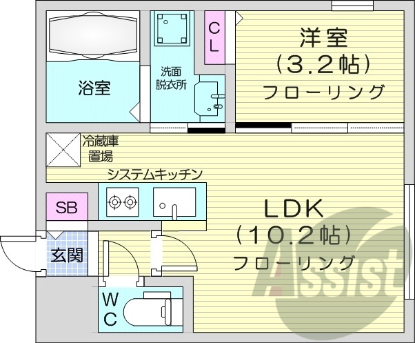 1LDK、都市ガス、エアコン、システムキッチン